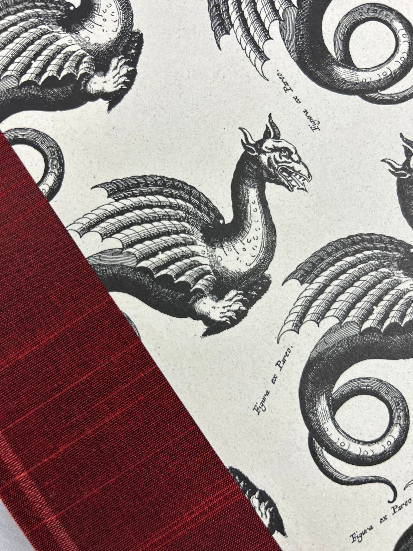NEW A5 Hardcover Notebook finished in Blood Red Japanese book cloth and Italian Medieval Letterpress Dragons Paper
