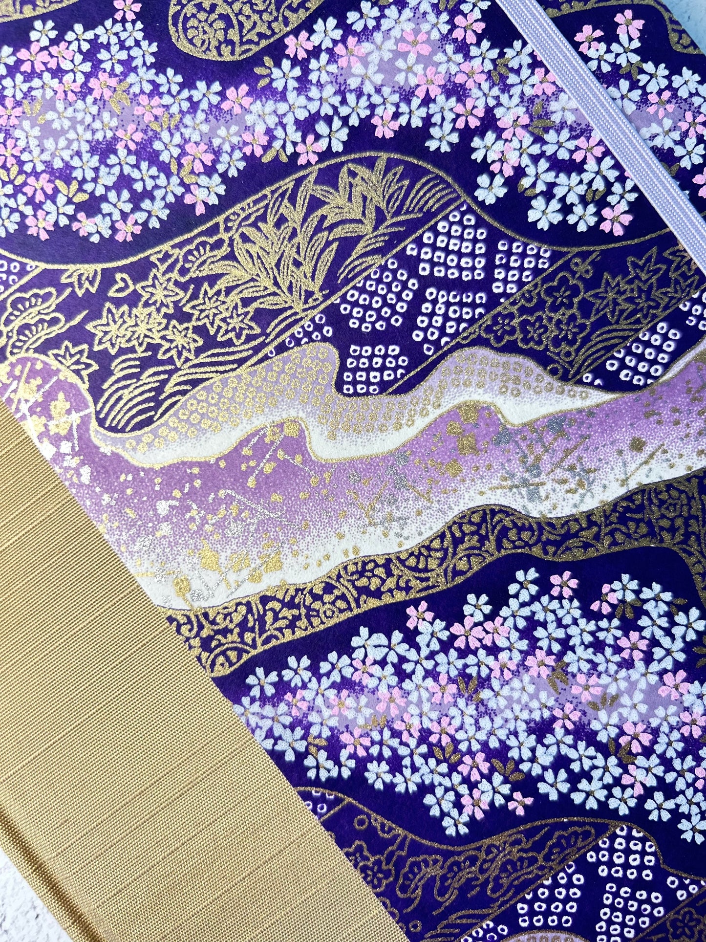 A5 Hardcover Notebook finished in Soft Gold Japanese book cloth and Imperial Purple and Gold Chiyogami