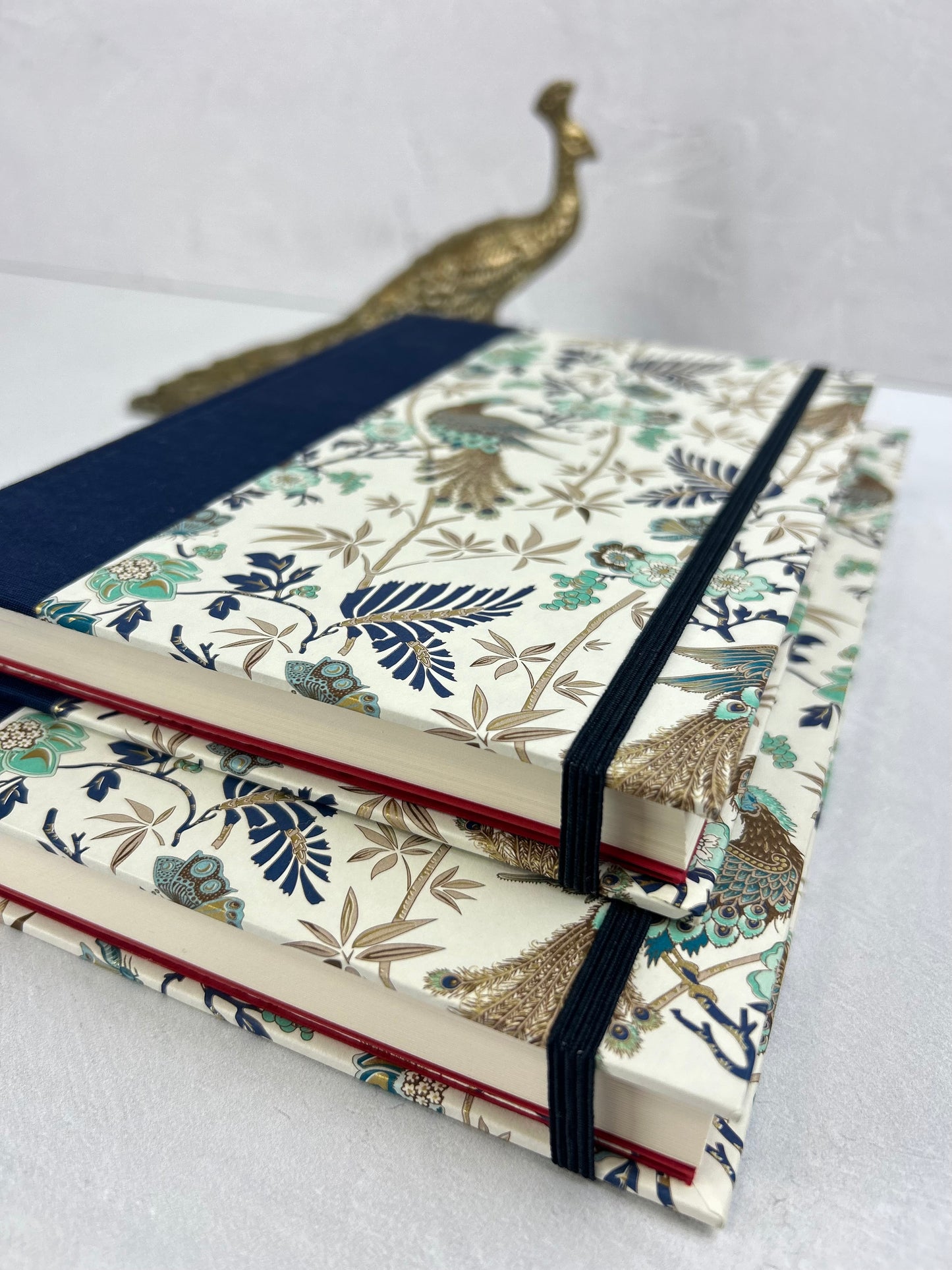 B5 Hardcover Notebook finished in Cadette Blue Japanese book cloth and Gold Peacock Italian Print