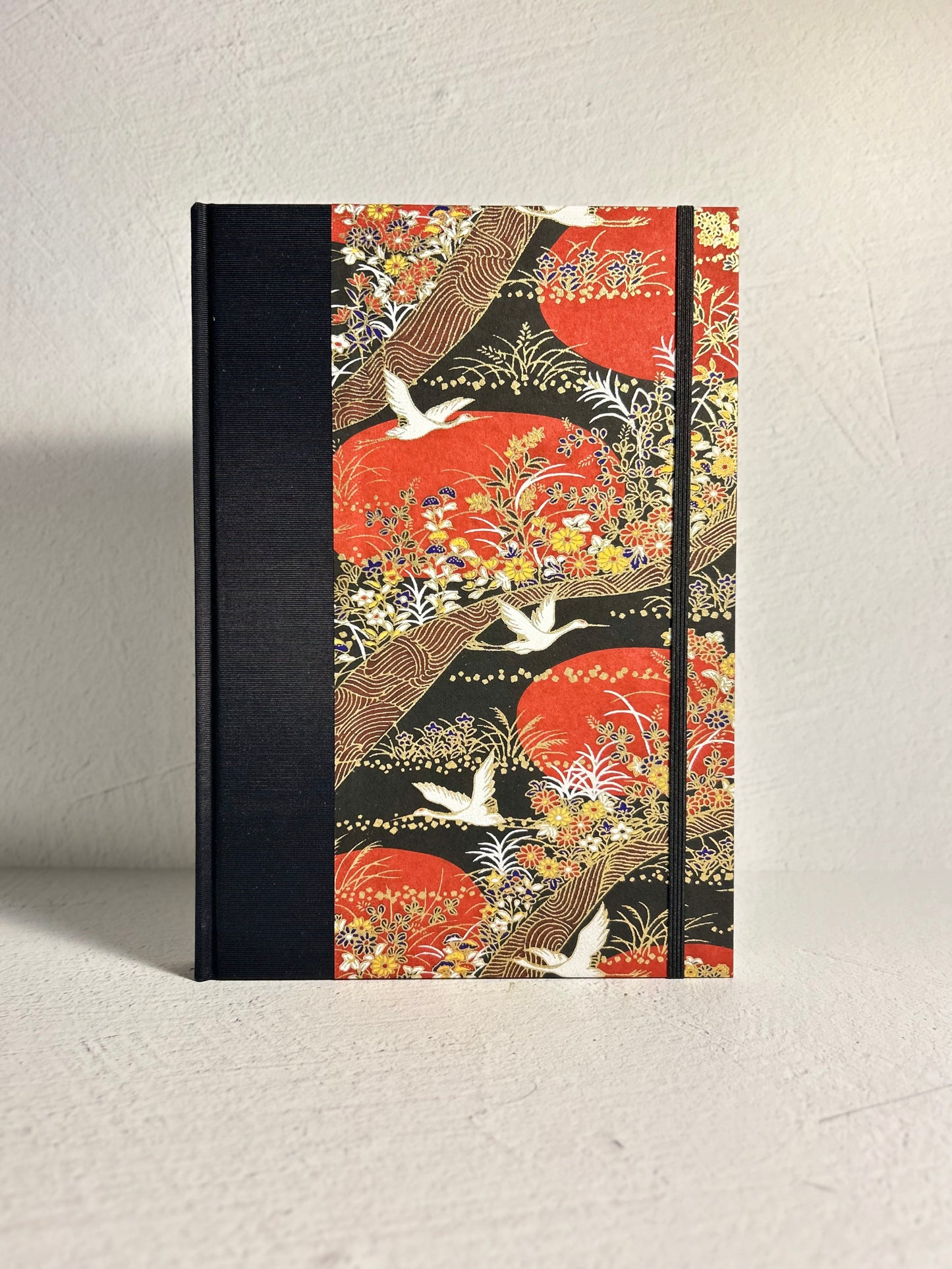 B5 Hardcover Notebook finished in Black Japanese Book cloth and Bronze and Gold Chiyogami Paper