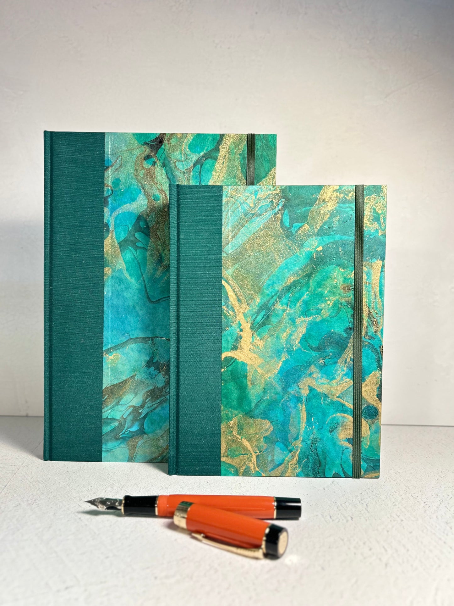 A5 Hardcover Notebook finished in Mohair Green Japanese Bookcloth and Hand Marbled Thai Momi Paper