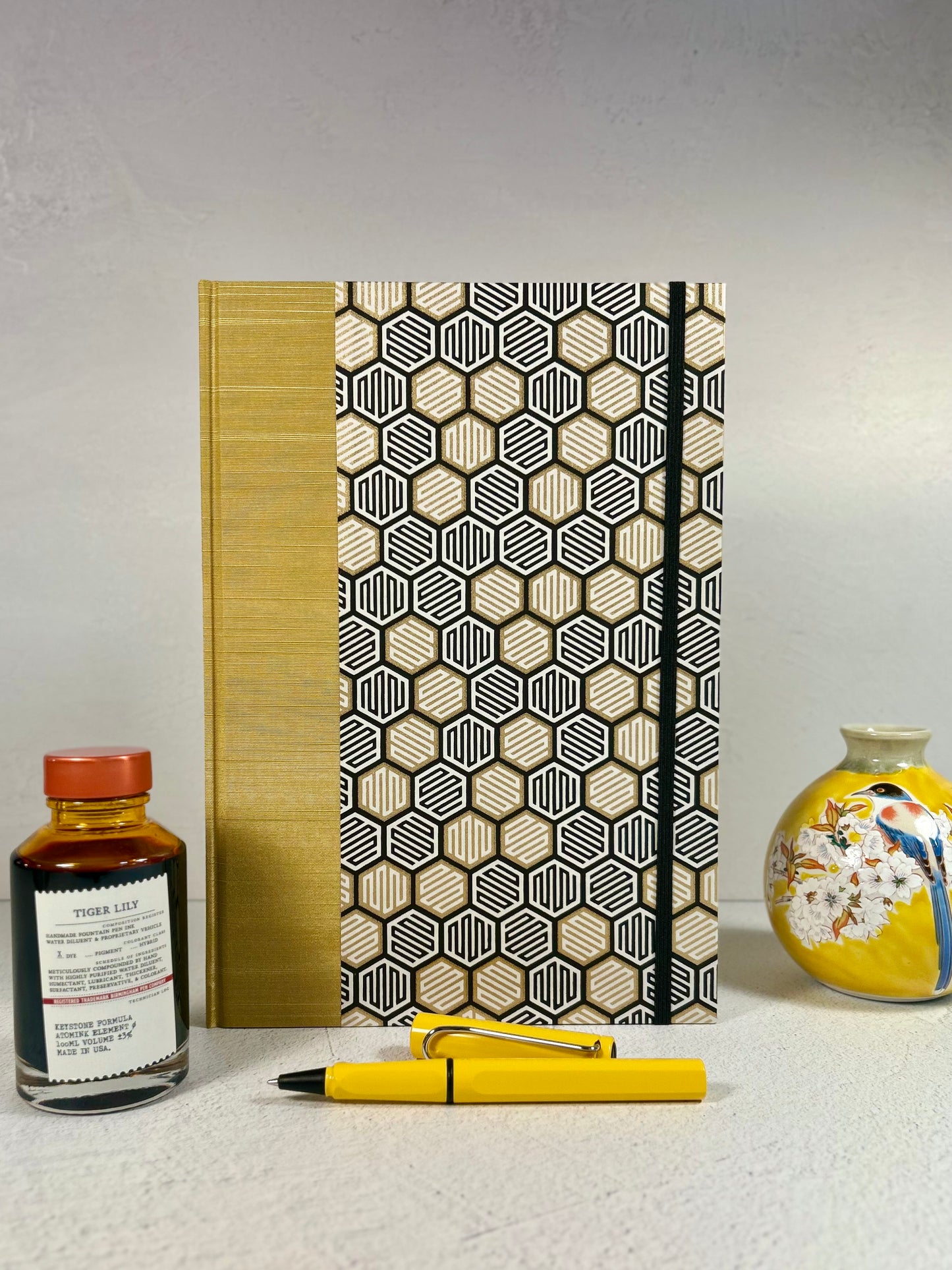 B5 Hardcover Notebook with Yellow and Black Honeycomb Chiyogami Japanese Paper