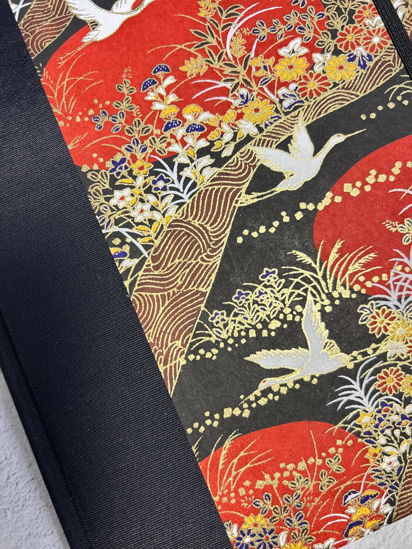 B5 Hardcover Notebook finished in Black Japanese Book cloth and Bronze and Gold Chiyogami Paper