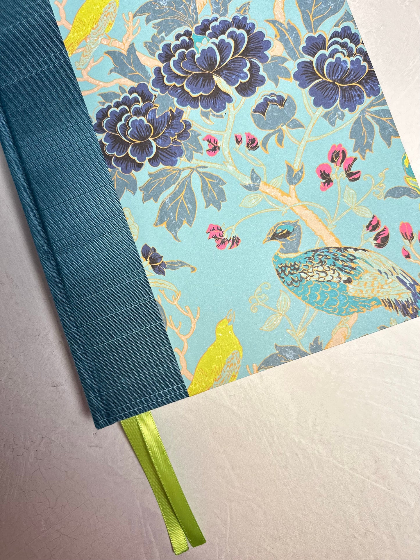 A5 Hardcover Notebook finished in Marine Blue Japanese book cloth and Matthew Williamson Magnolia print