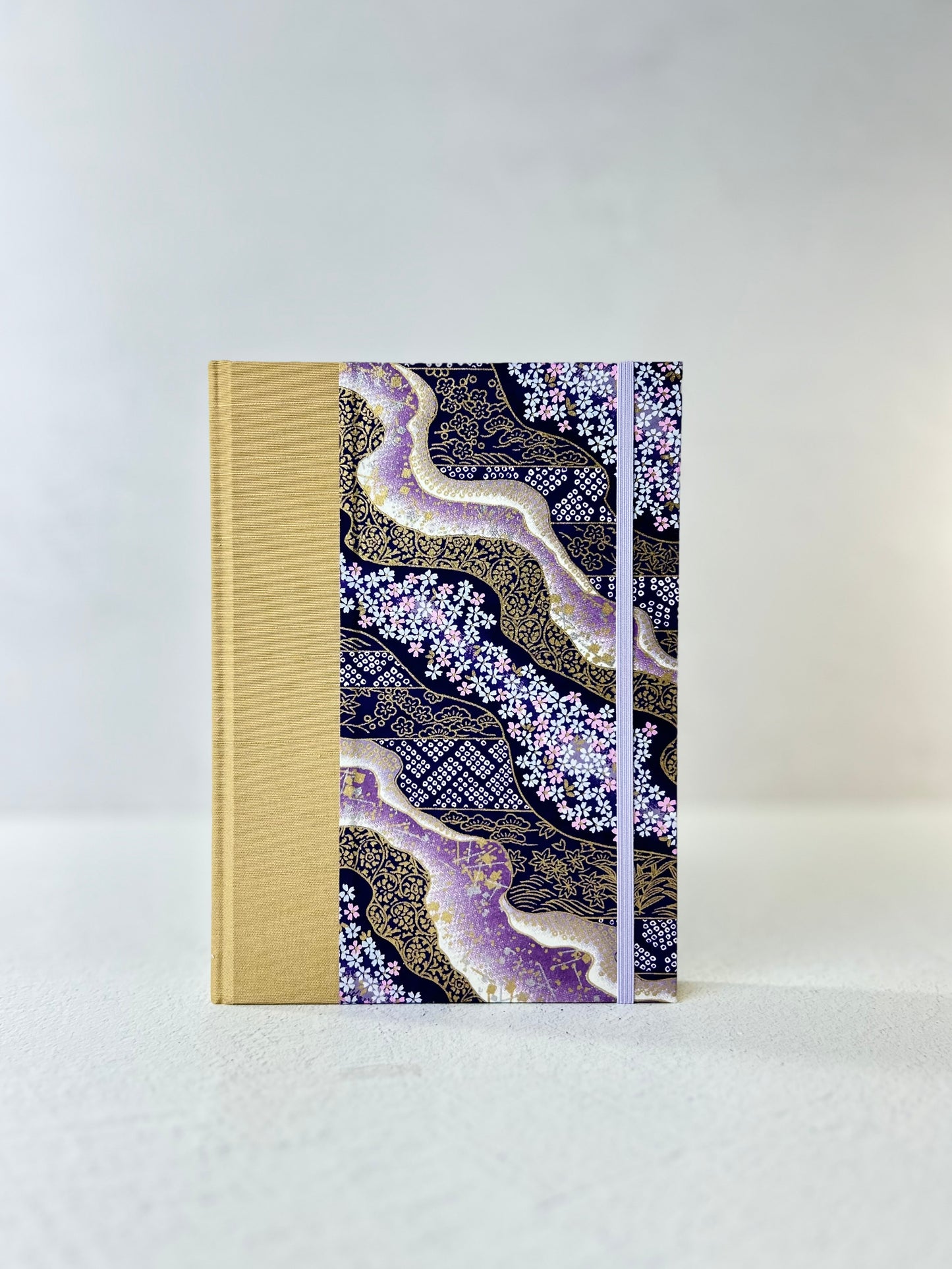 A5 Hardcover Notebook finished in Soft Gold Japanese book cloth and Imperial Purple and Gold Chiyogami