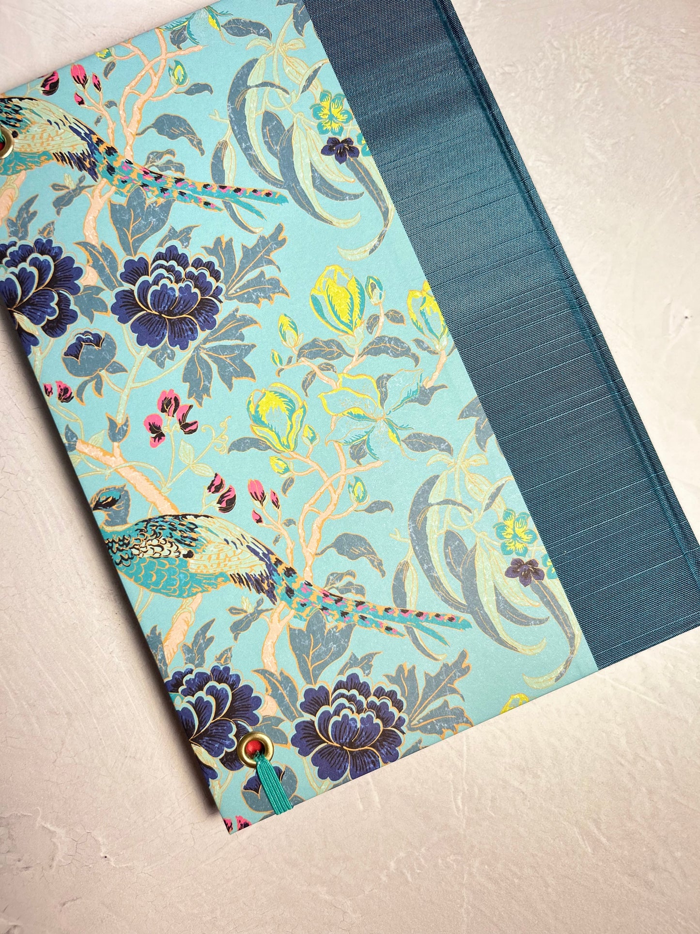 B5 Hardcover Notebook finished in Marine Blue Japanese book cloth and Matthew Williamson Magnolia print