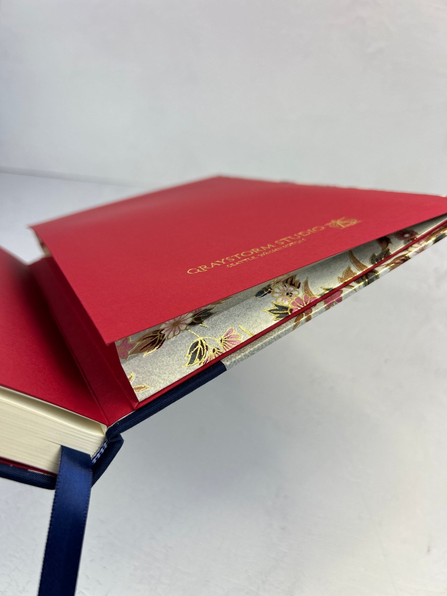 B5 192-page Hardcover Journal finished in Cadet Blue Japanese book cloth and Vintage Orchid Chiyogami Paper