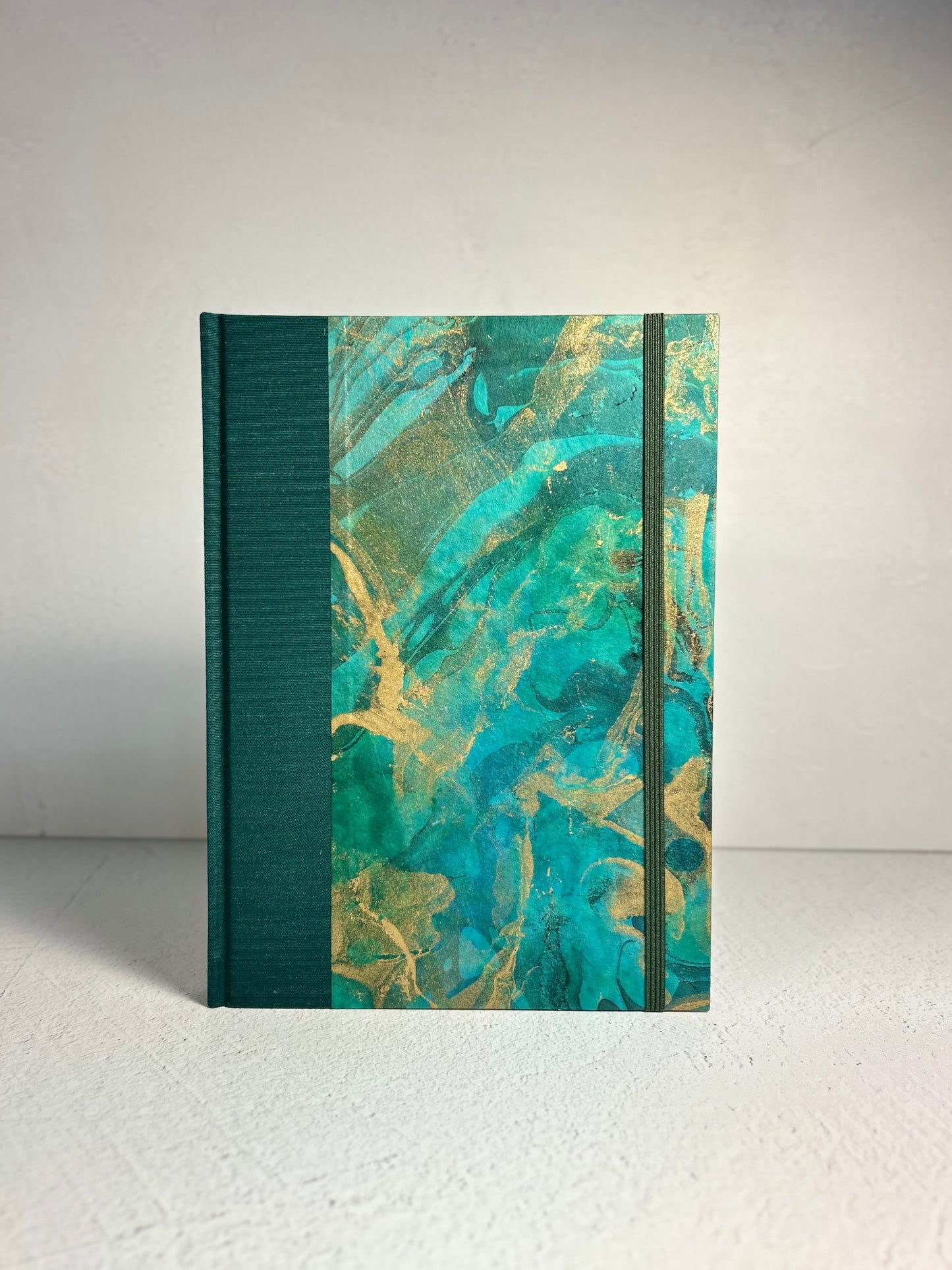 A5 Hardcover Notebook finished in Mohair Green Japanese Bookcloth and Hand Marbled Thai Momi Paper