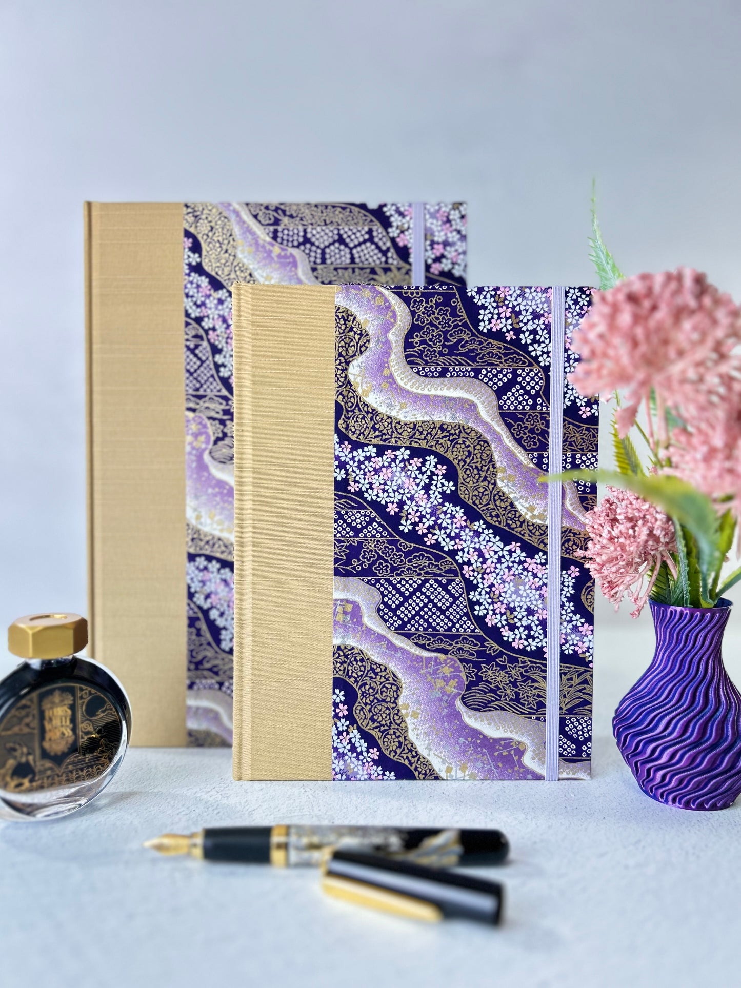 A5 Hardcover Notebook finished in Soft Gold Japanese book cloth and Imperial Purple and Gold Chiyogami