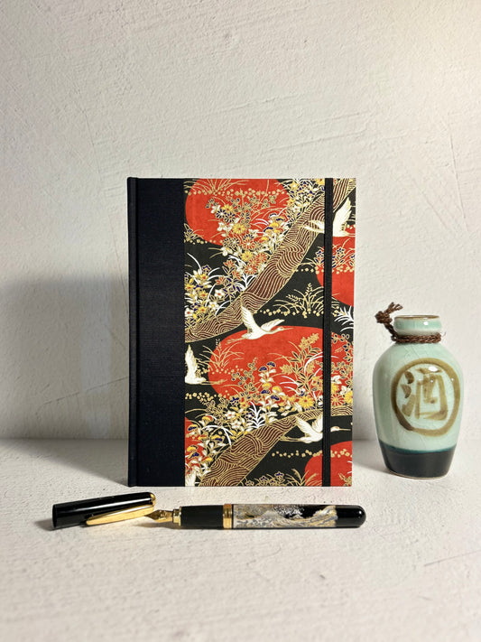 A5 Hardcover Notebook finished in Hardcover Notebook finished in Black Japanese Book cloth and Bronze and Gold Chiyogami Paper