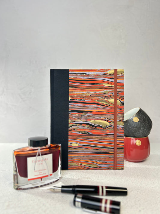 A5 Hardcover Notebook finished in Black Japanese book cloth and Renato Crepaldi hand marbled paper