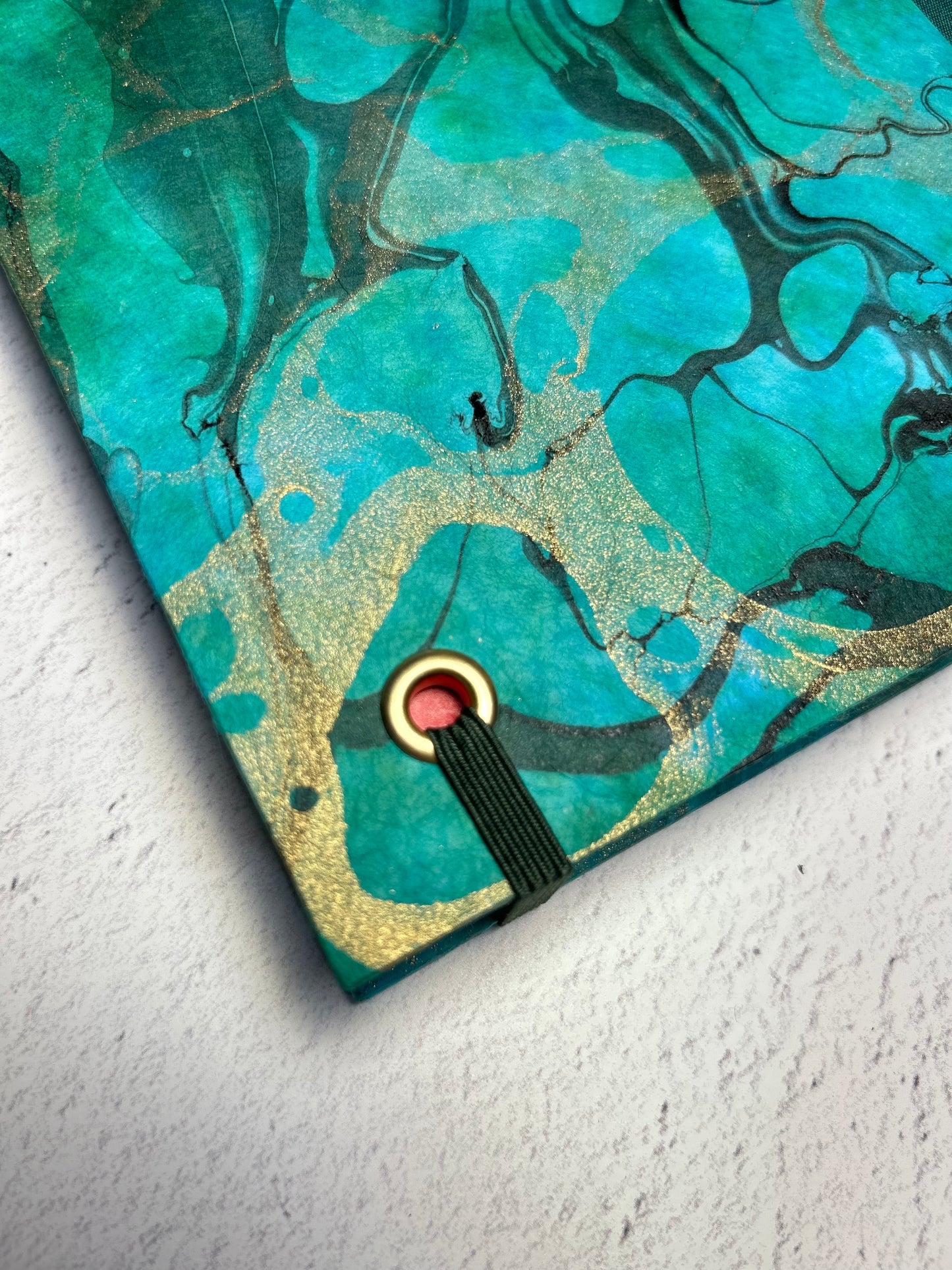 A5 Hardcover Notebook finished in Mohair Green Japanese Bookcloth and Hand Marbled Thai Momi Paper