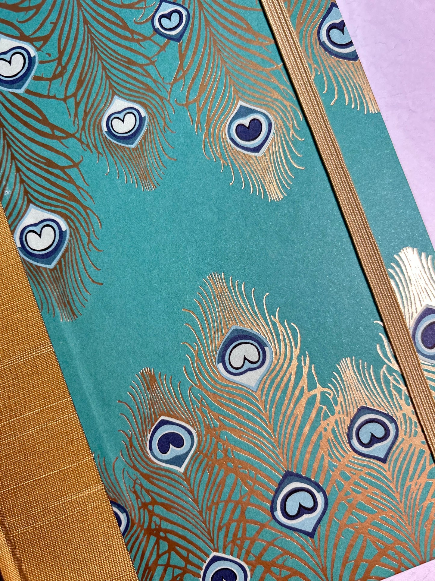 A5 Hardcover Notebook finished in Yellow Gold Japanese Book cloth and Matthew Williamson Peacock print