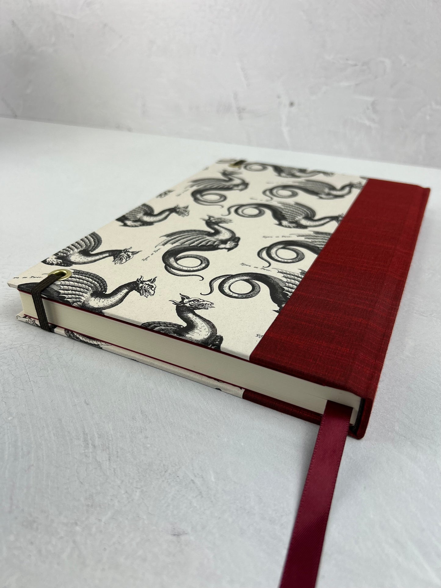 NEW A5 Hardcover Notebook finished in Blood Red Japanese book cloth and Italian Medieval Letterpress Dragons Paper