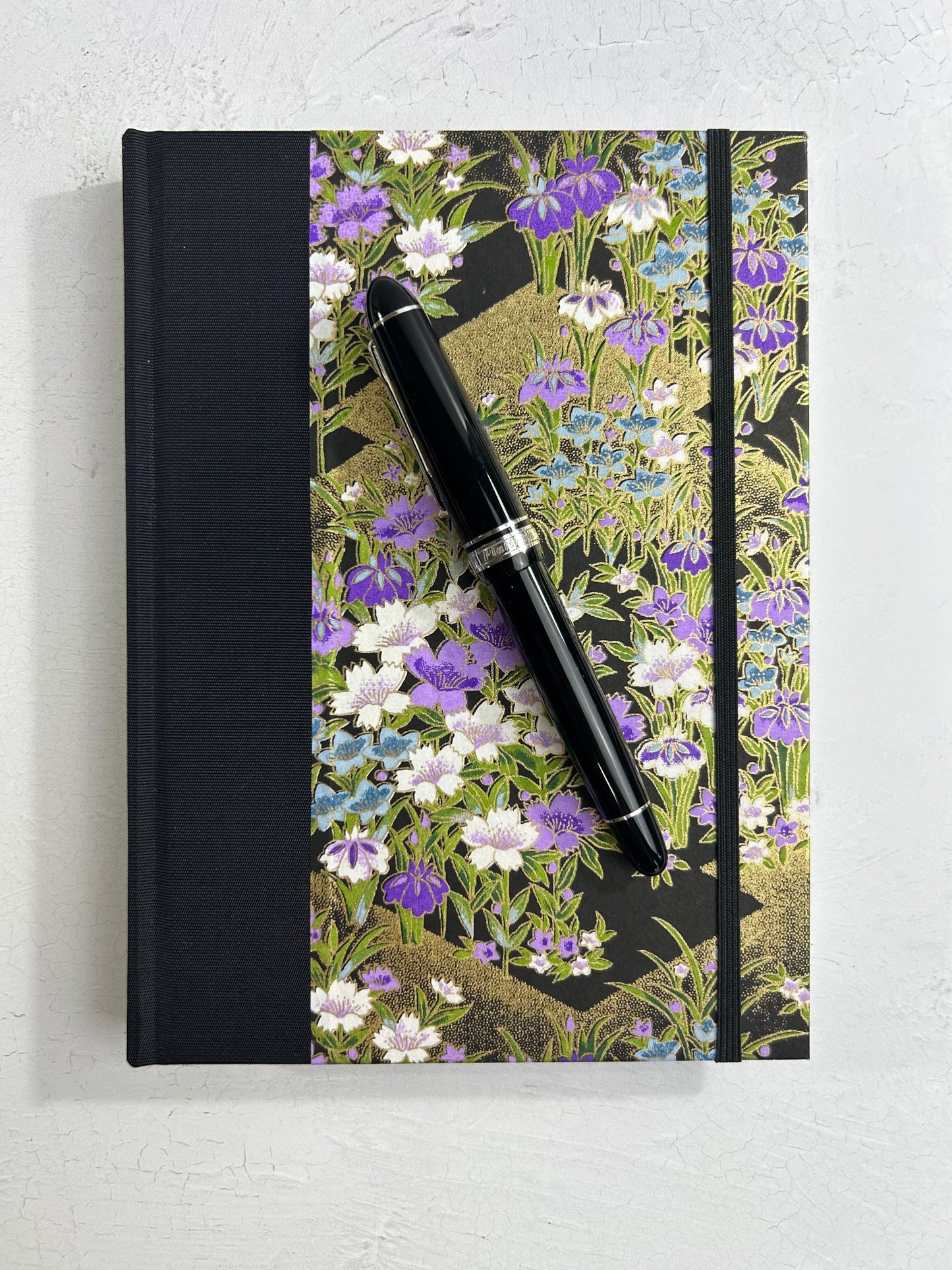 A5 160-page Hardcover Journal finished in black Japanese book cloth and purple wild flower Chiyogami paper