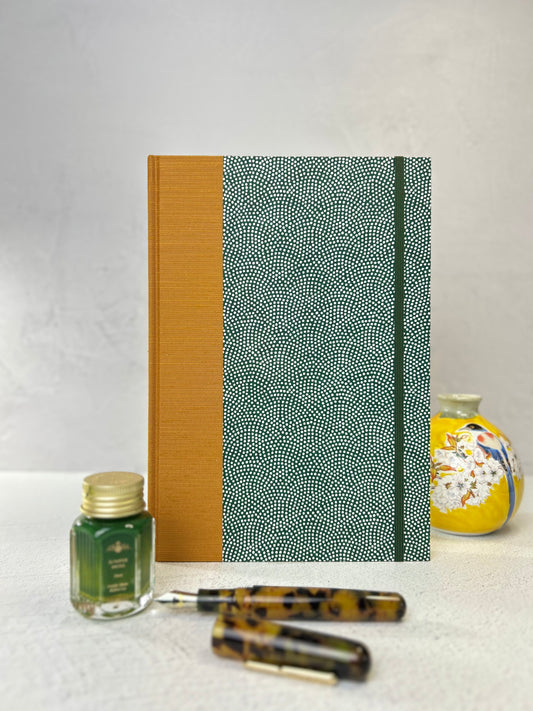 B5 Hardcover Notebook finished in White Polka Dots on Green Chiyogami Paper