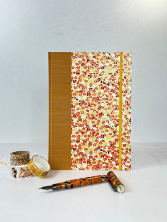B5 Hardcover Notebook finished in Ochre Japanese book cloth and Fall leaves Chiyogami Paper
