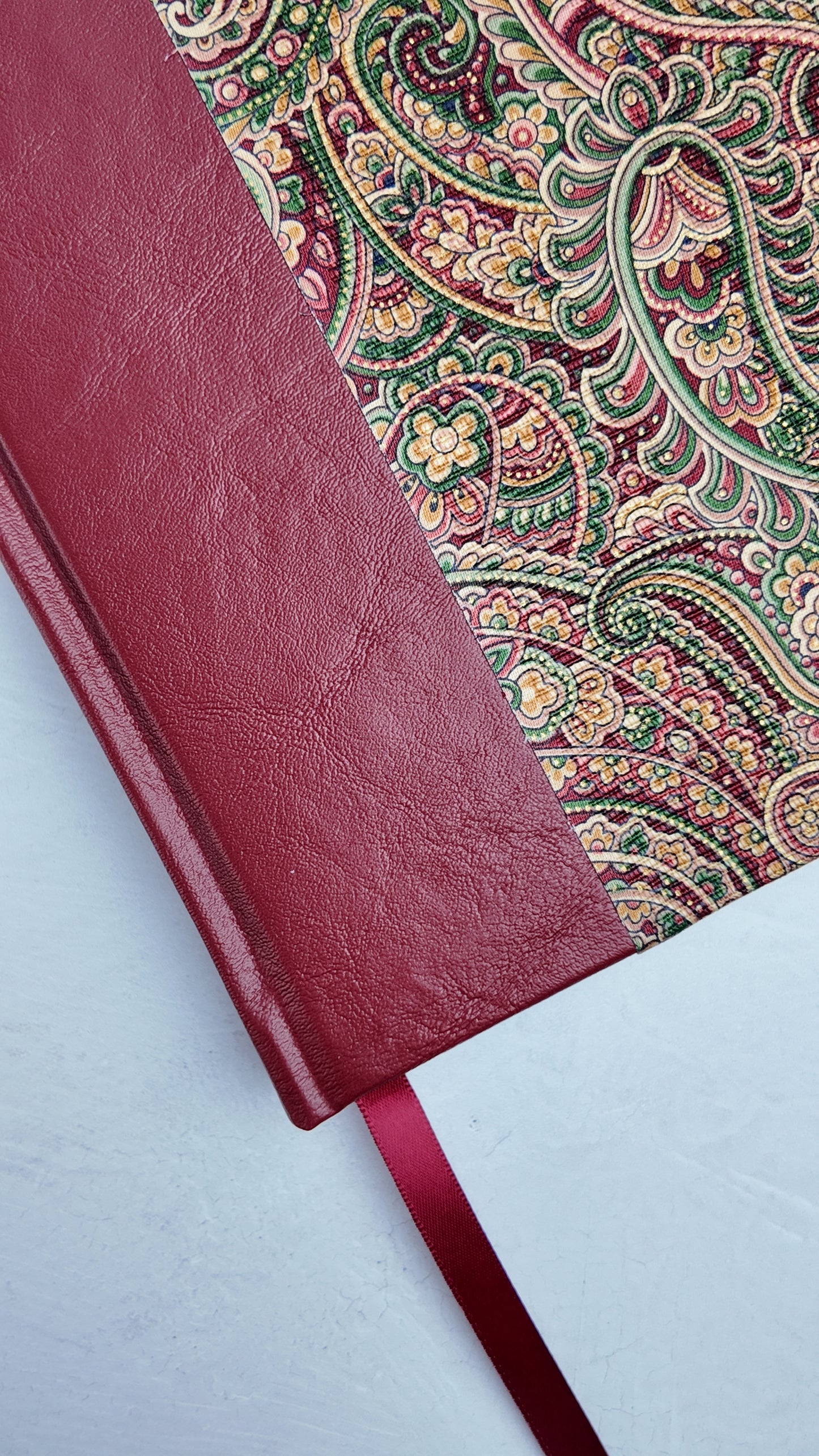 WABI-SABI B5 192-page Hardcover Journal finished in Maroon Faux Leather and Paisley Fabric
