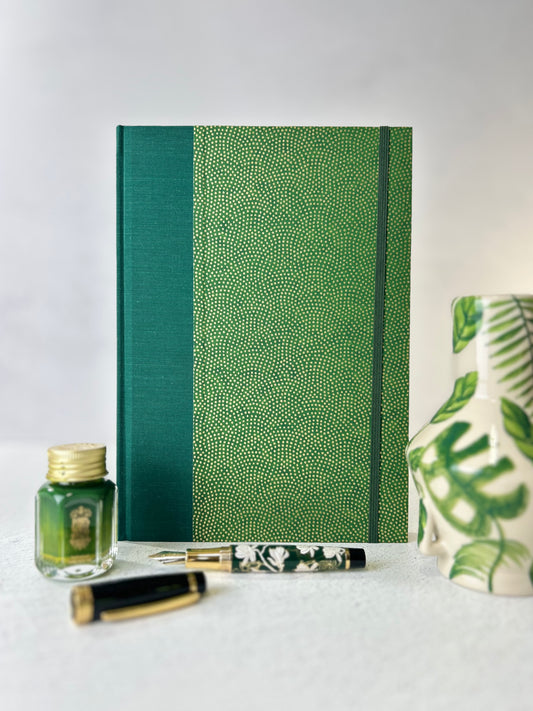 (PRE-ORDER NOVEMBER Delivery) B5 Hardcover Notebook with Gold Polka Dots on Green Chiyogami Paper