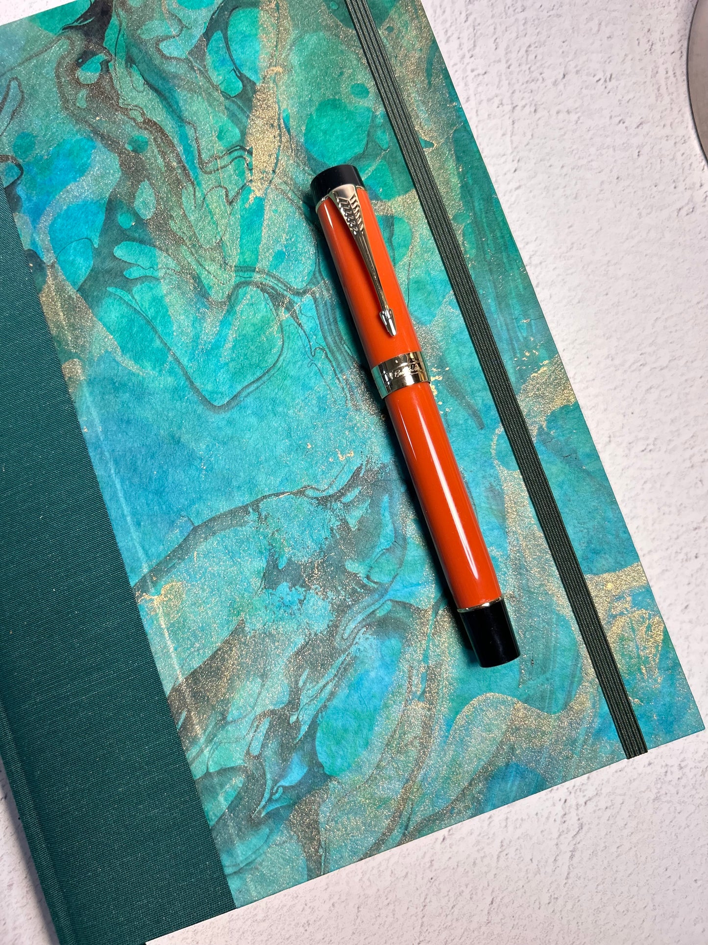 B5 Hardcover Notebook finished in Mohair Green Japanese Bookcloth and Hand Marbled Thai Momi Paper