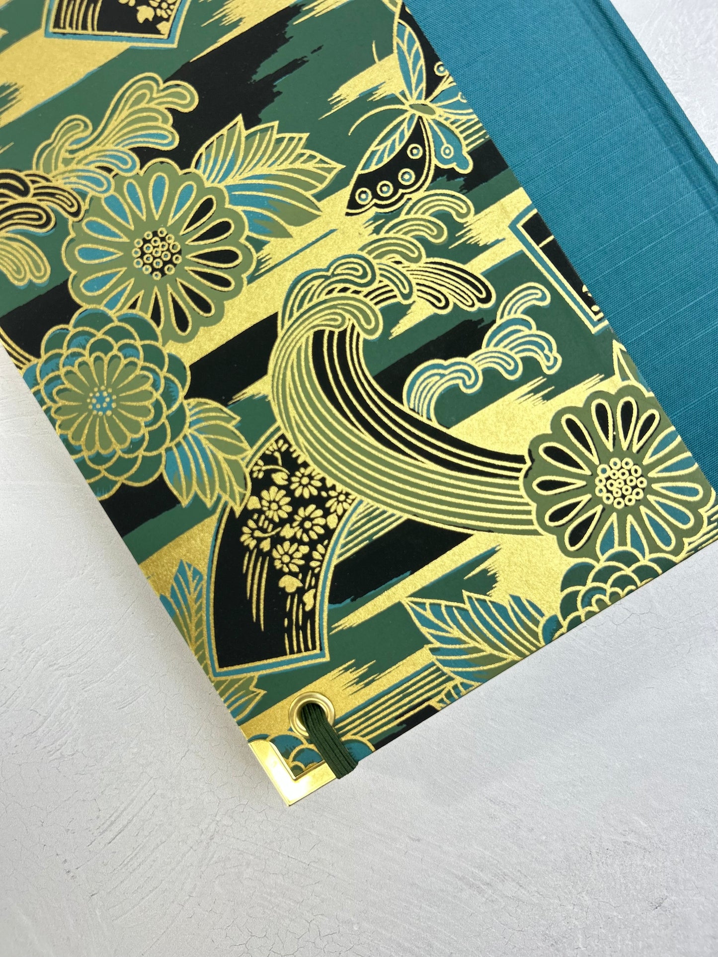 B5 Hardcover Notebook finished in Marine Blue Japanese book cloth and bold botanical Chiyogami Paper