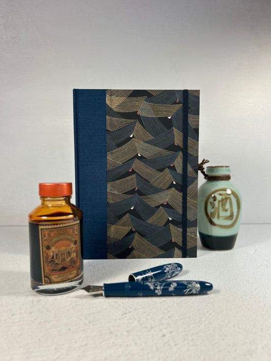 (PRE-ORDER NOVEMBER Delivery) A5 Hardcover Notebook finished in Golden Peaks on Black Chiyogami Paper