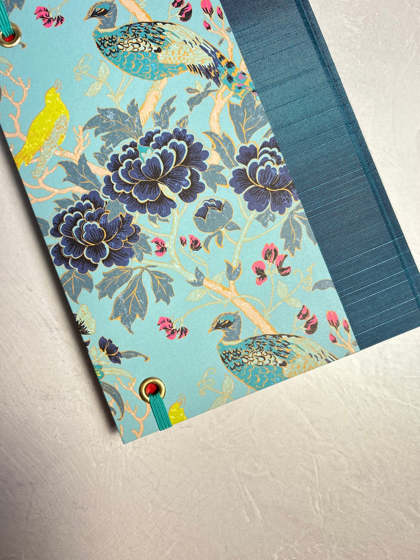 A5 Hardcover Notebook finished in Marine Blue Japanese book cloth and Matthew Williamson Magnolia print