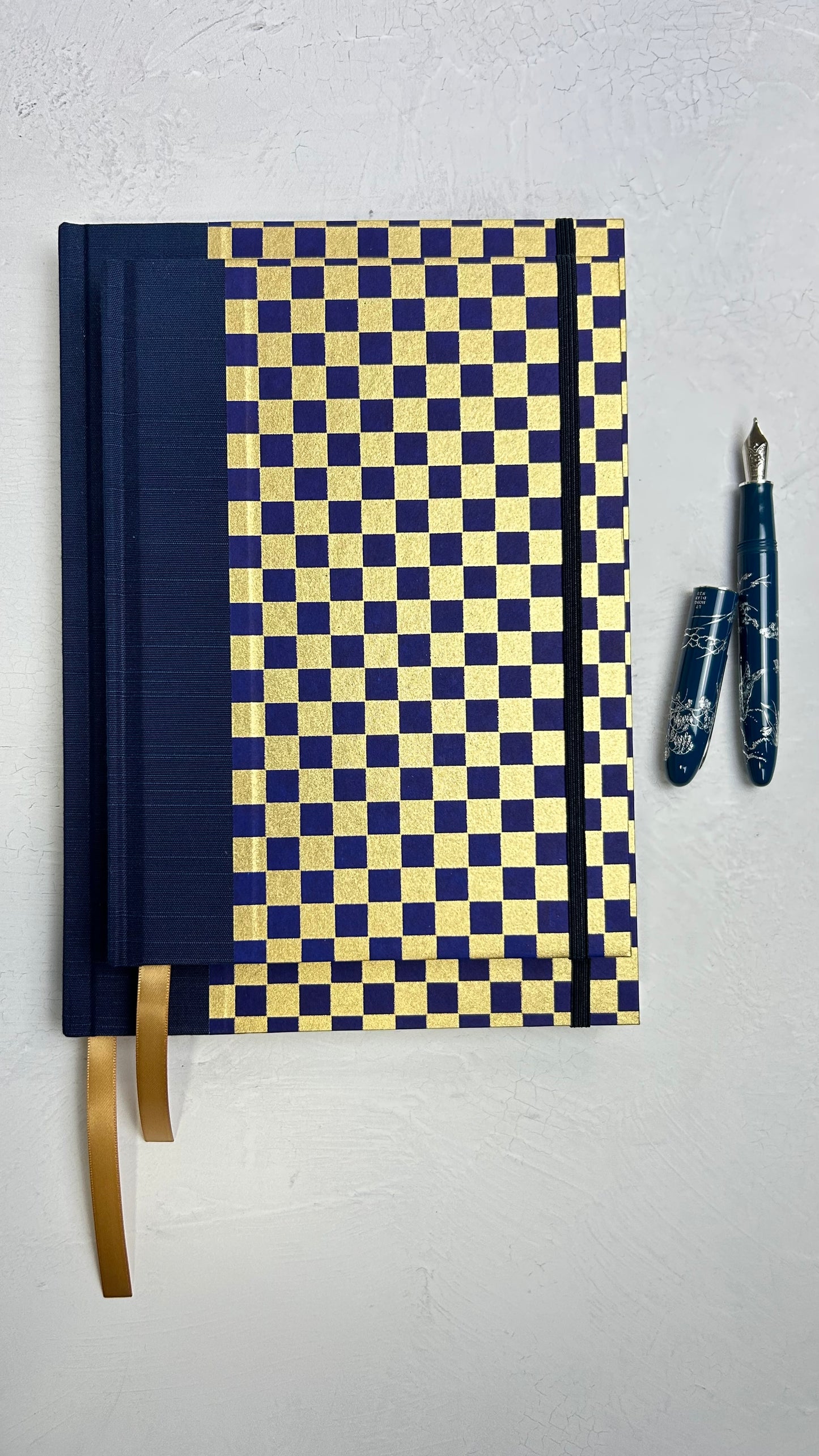 A5 160-page Hardcover Journal finished in Cadet Blue Japanese book cloth and Checkered Chiyogami Paper
