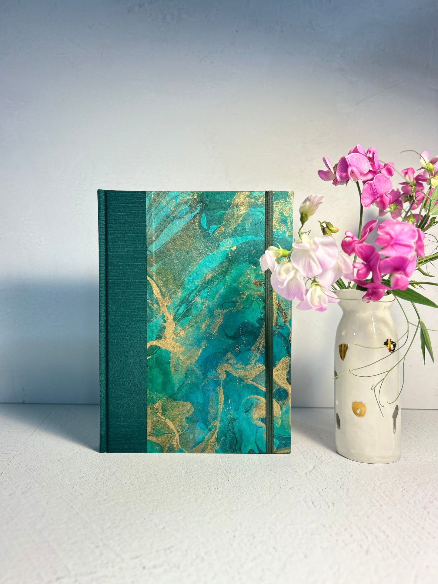 A5 Hardcover Notebook finished in Mohair Green Japanese Bookcloth and Hand Marbled Thai Momi Paper