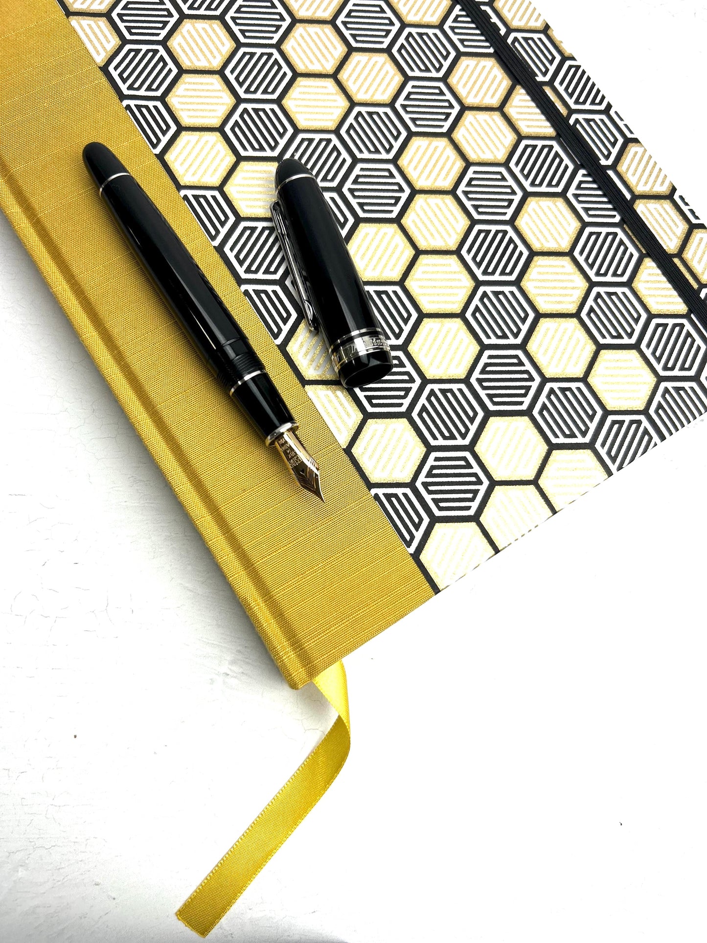 (PRE -ORDER NOVEMBER Delivery) A5 Hardcover Notebook finished in Yellow and Black Honeycomb Chiyogami Paper