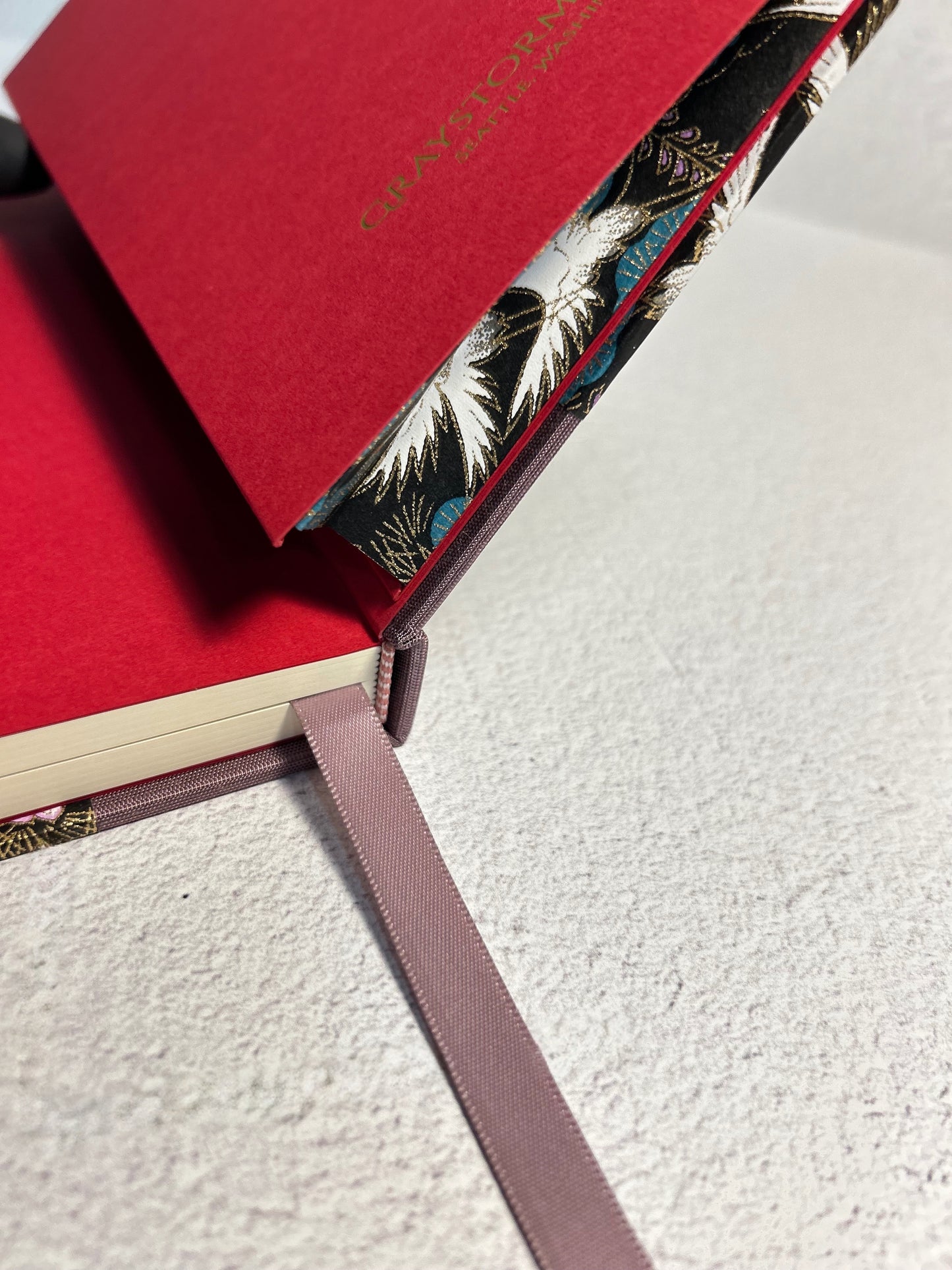 A5 Hardcover Notebook finished in White Cranes on Black Chiyogami Paper