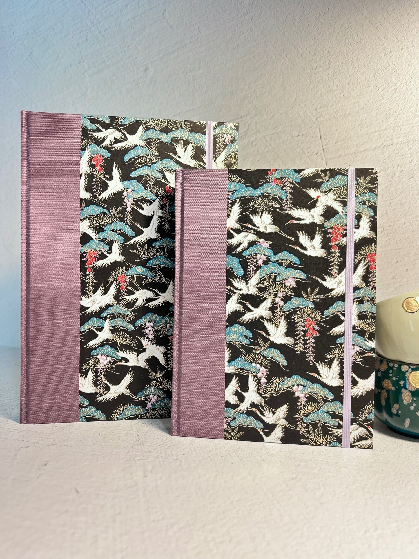 A5 Hardcover Notebook finished in White Cranes on Black Chiyogami Paper