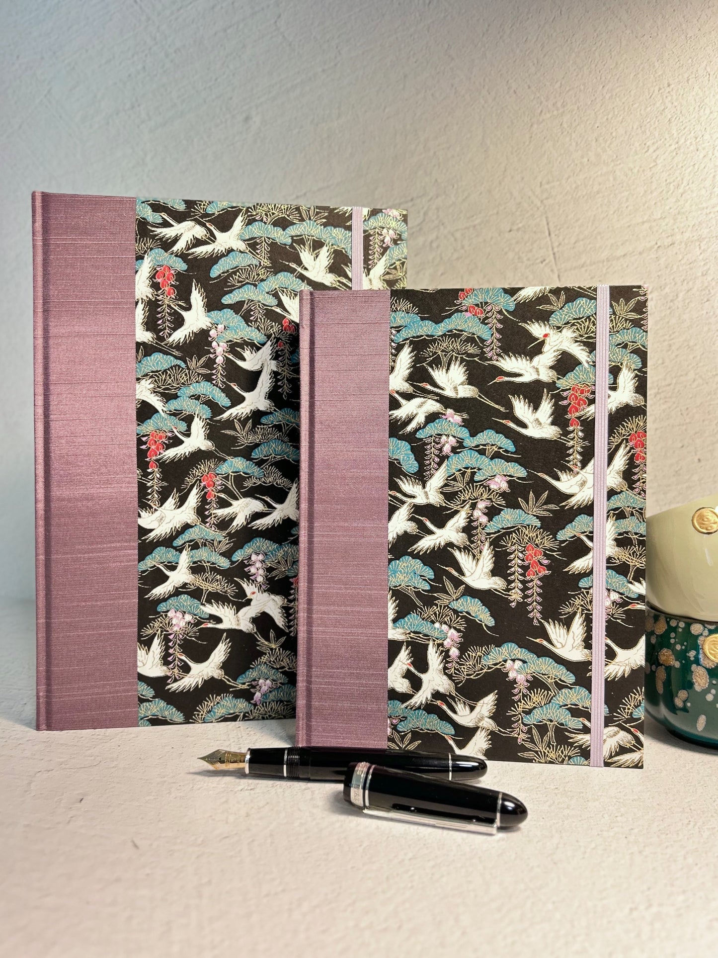 A5 Hardcover Notebook finished in White Cranes on Black Chiyogami Paper