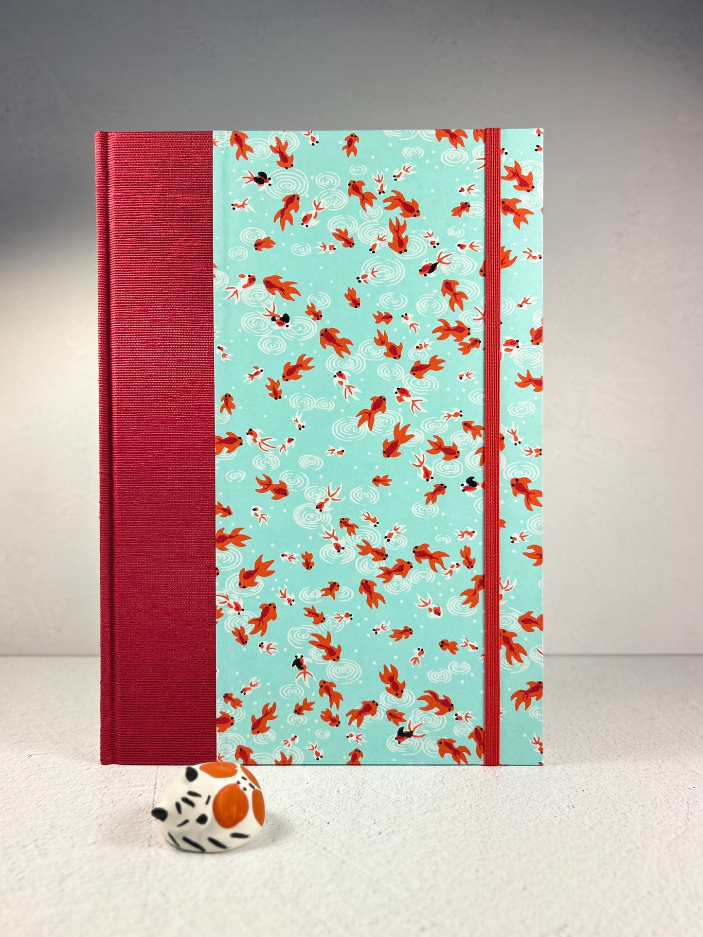 B5 Hardcover Notebook finished in Scarlet Red Japanese Bookcloth and Red/Orange Koi Fish on Aqua Chiyogami Paper