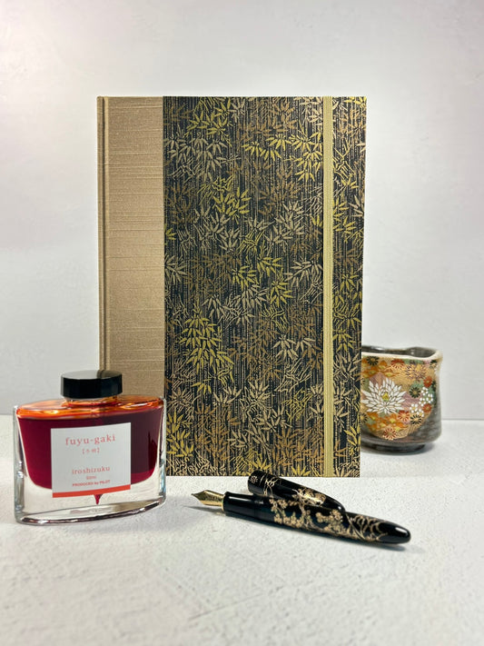B5 Hardcover Notebook finished in soft gold Japanese Bookcloth and gold/bronze bamboo on black Chiyogami Paper