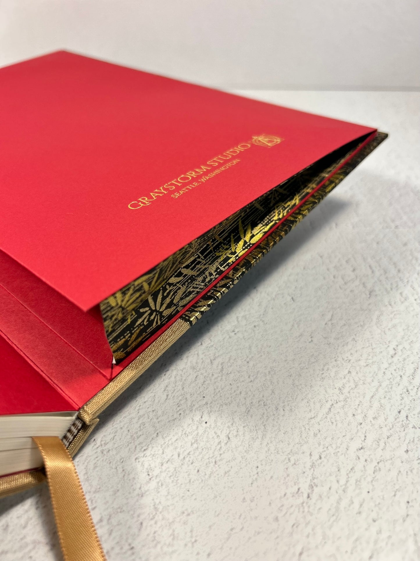 A5 Hardcover Notebook finished in soft gold Japanese Bookcloth and gold/bronze bamboo on black Chiyogami Paper