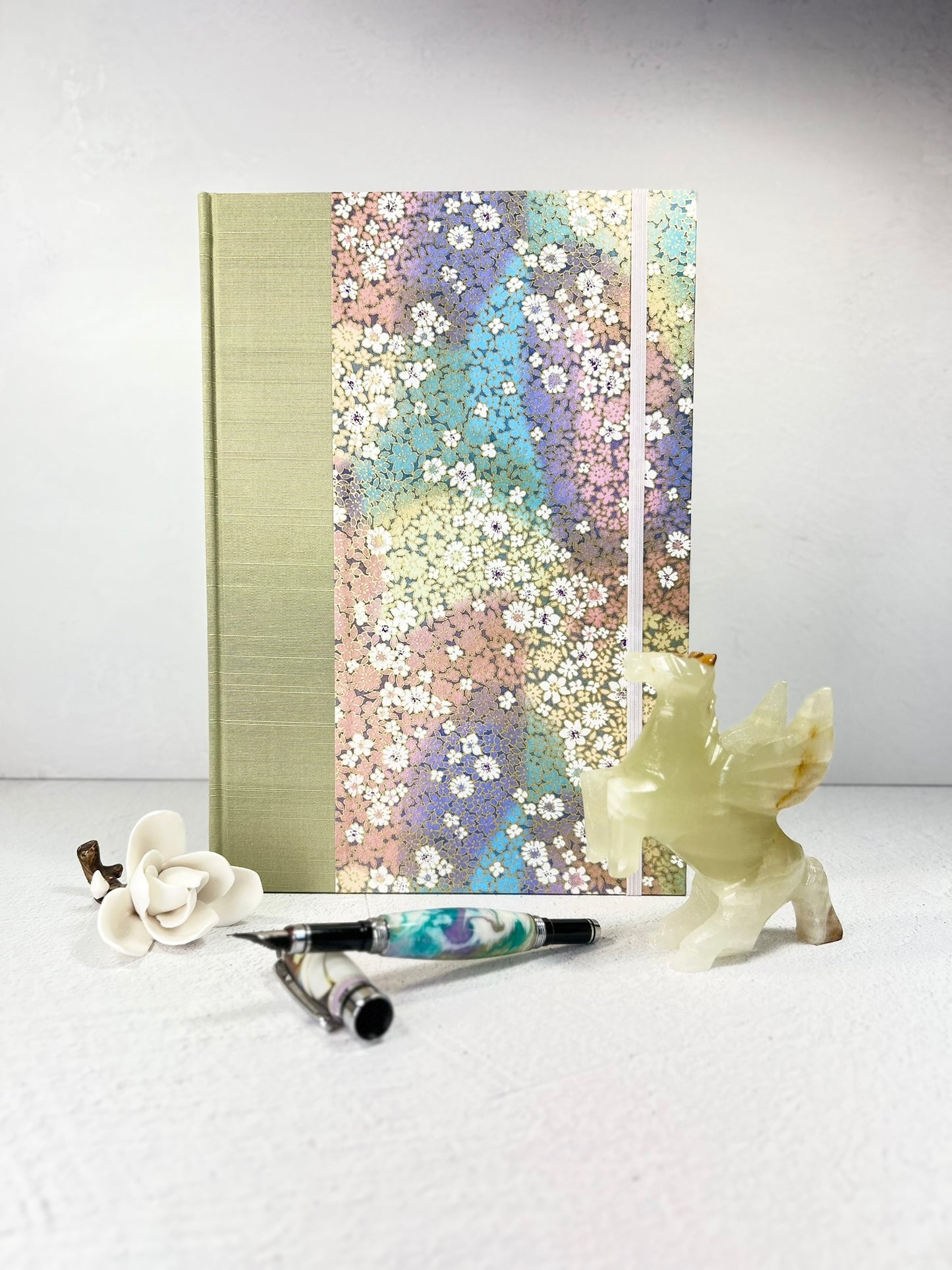 NEW B5 Hardcover Notebook finished in Celery Green Japanese Bookcloth and Rainbow Flowers Chiyogami Paper