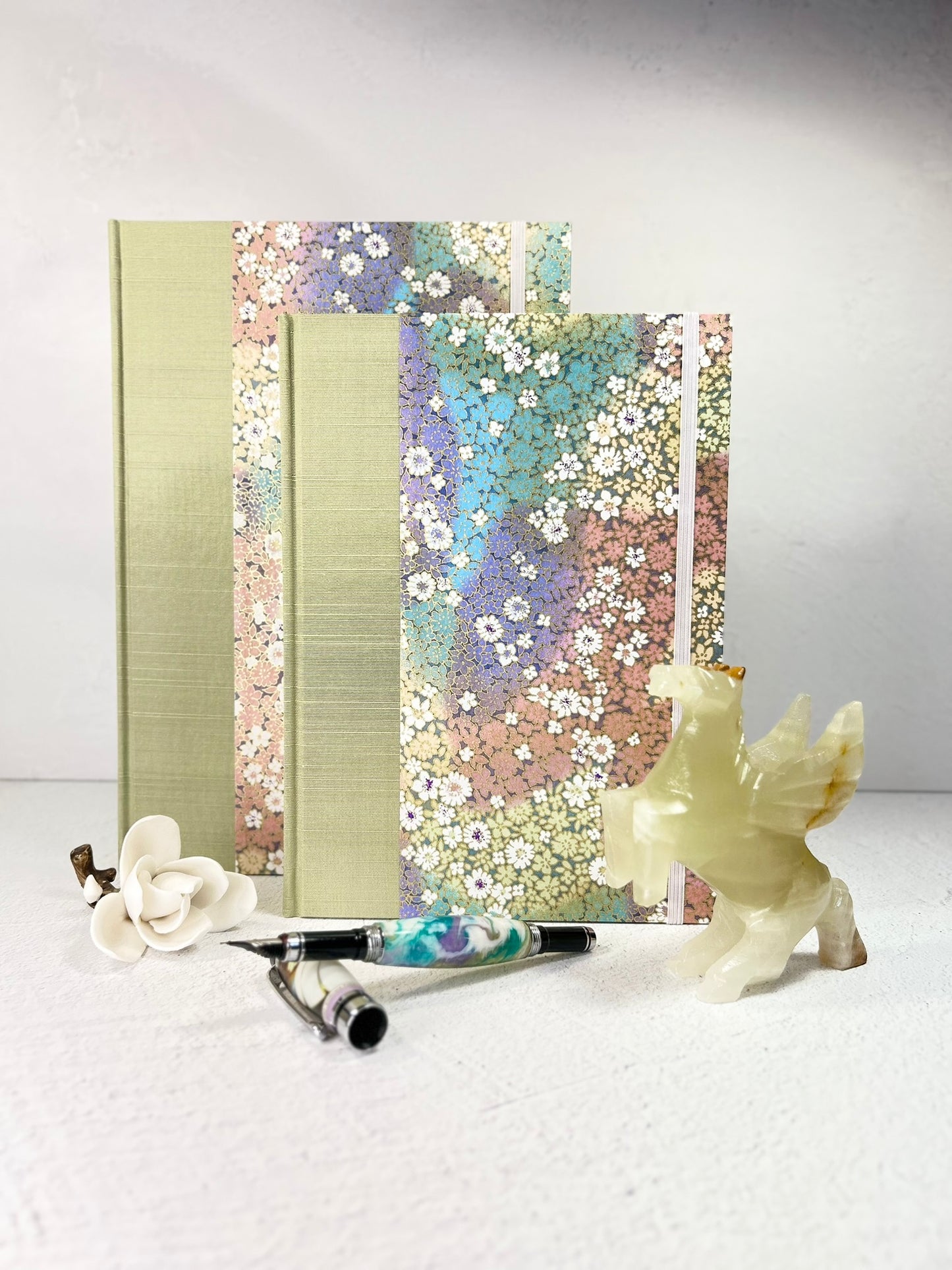 NEW A5 Hardcover Notebook finished in Celery Green Japanese Bookcloth and Rainbow Flowers Chiyogami Paper