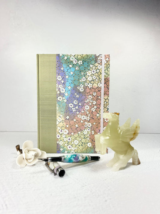 A5 Hardcover Notebook finished in Celery Green Japanese Bookcloth and Rainbow Flowers Chiyogami Paper