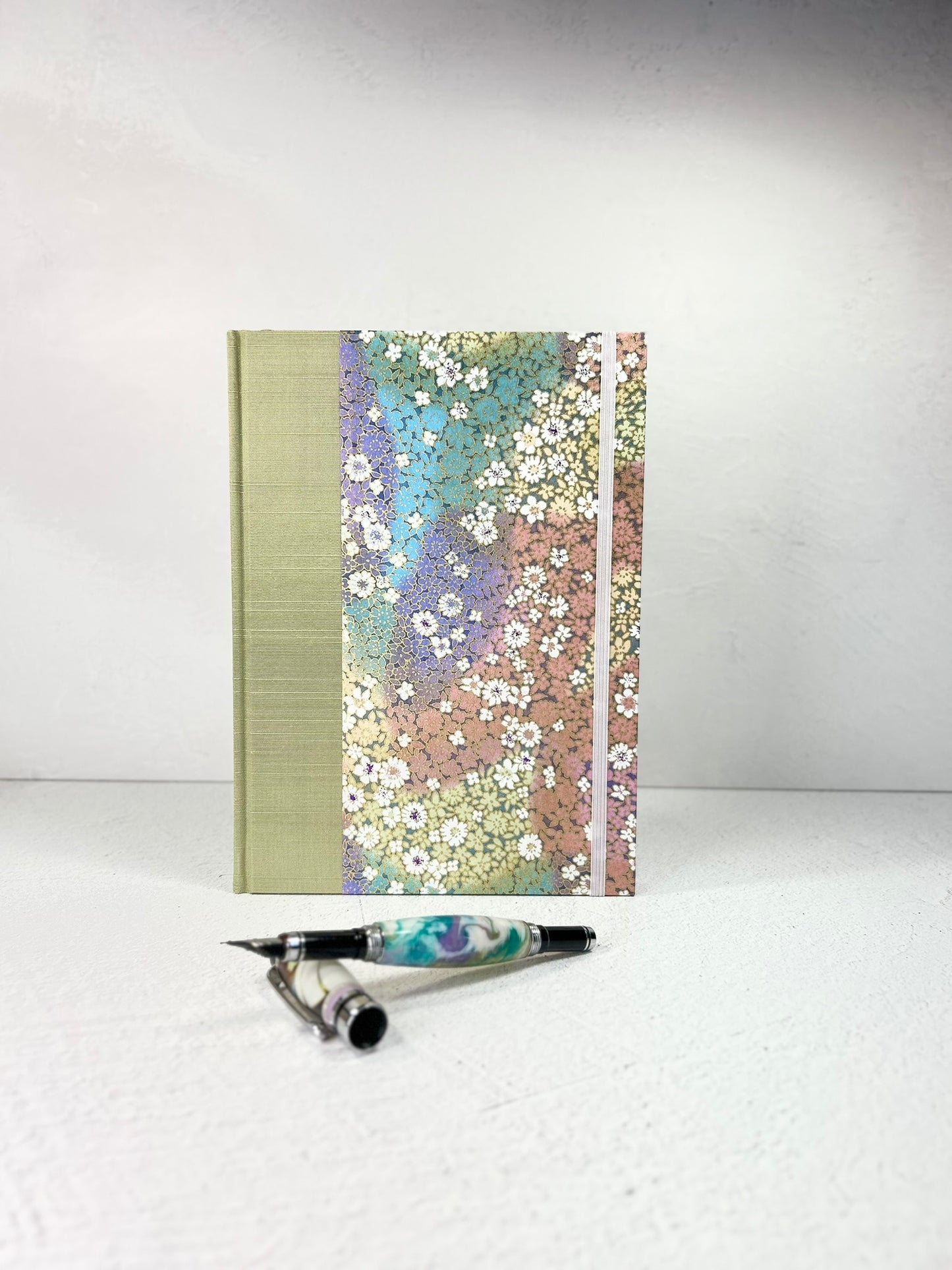 A5 Hardcover Notebook finished in Celery Green Japanese Bookcloth and Rainbow Flowers Chiyogami Paper