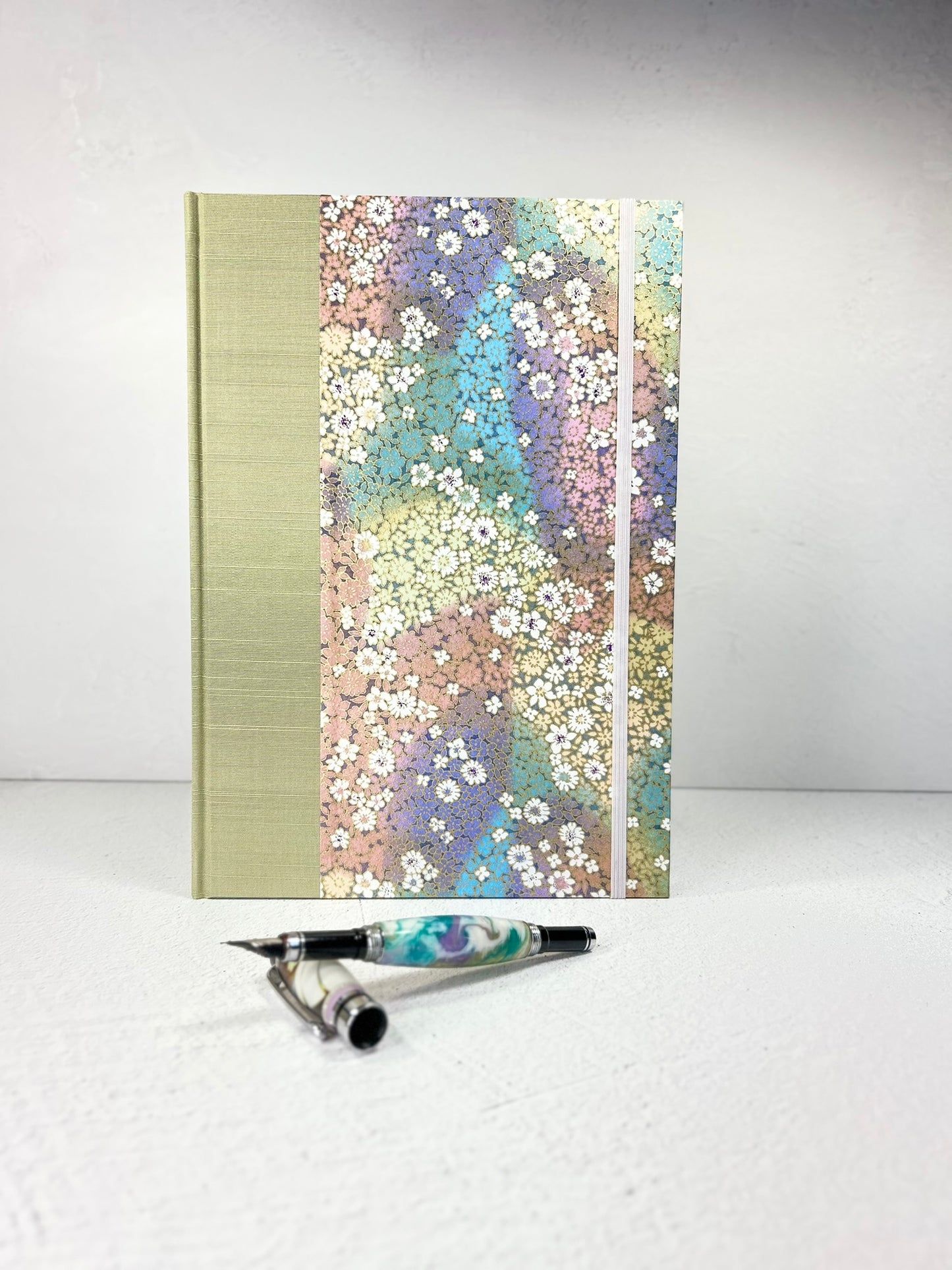 B5 Hardcover Notebook finished in Celery Green Japanese Bookcloth and Rainbow Flowers Chiyogami Paper