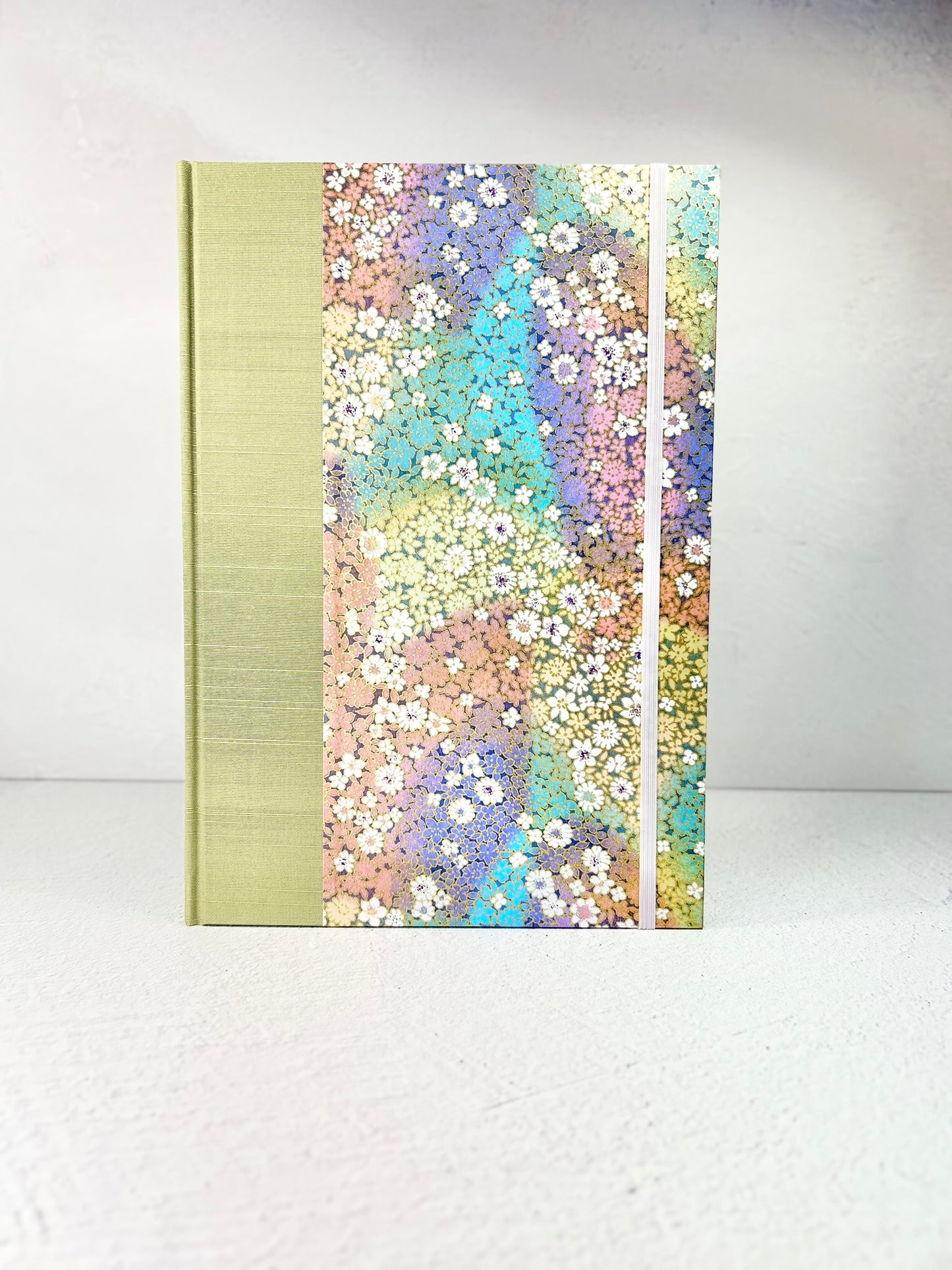 B5 Hardcover Notebook finished in Celery Green Japanese Bookcloth and Rainbow Flowers Chiyogami Paper