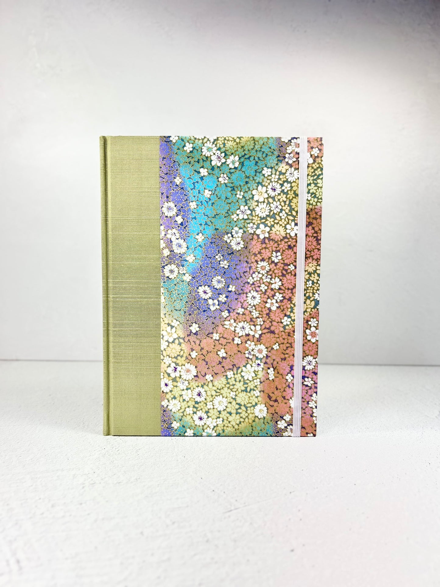 A5 Hardcover Notebook finished in Celery Green Japanese Bookcloth and Rainbow Flowers Chiyogami Paper