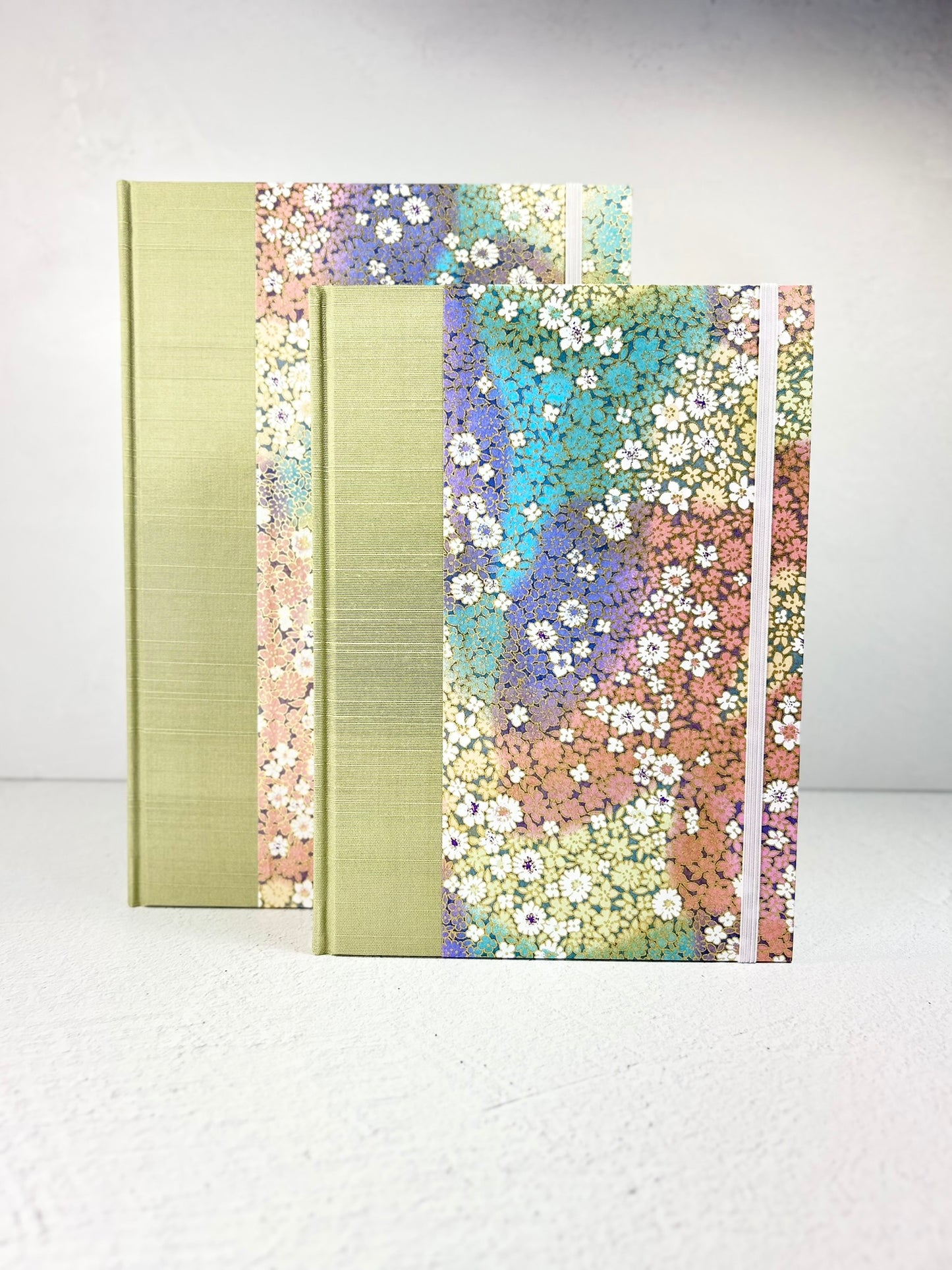 NEW A5 Hardcover Notebook finished in Celery Green Japanese Bookcloth and Rainbow Flowers Chiyogami Paper