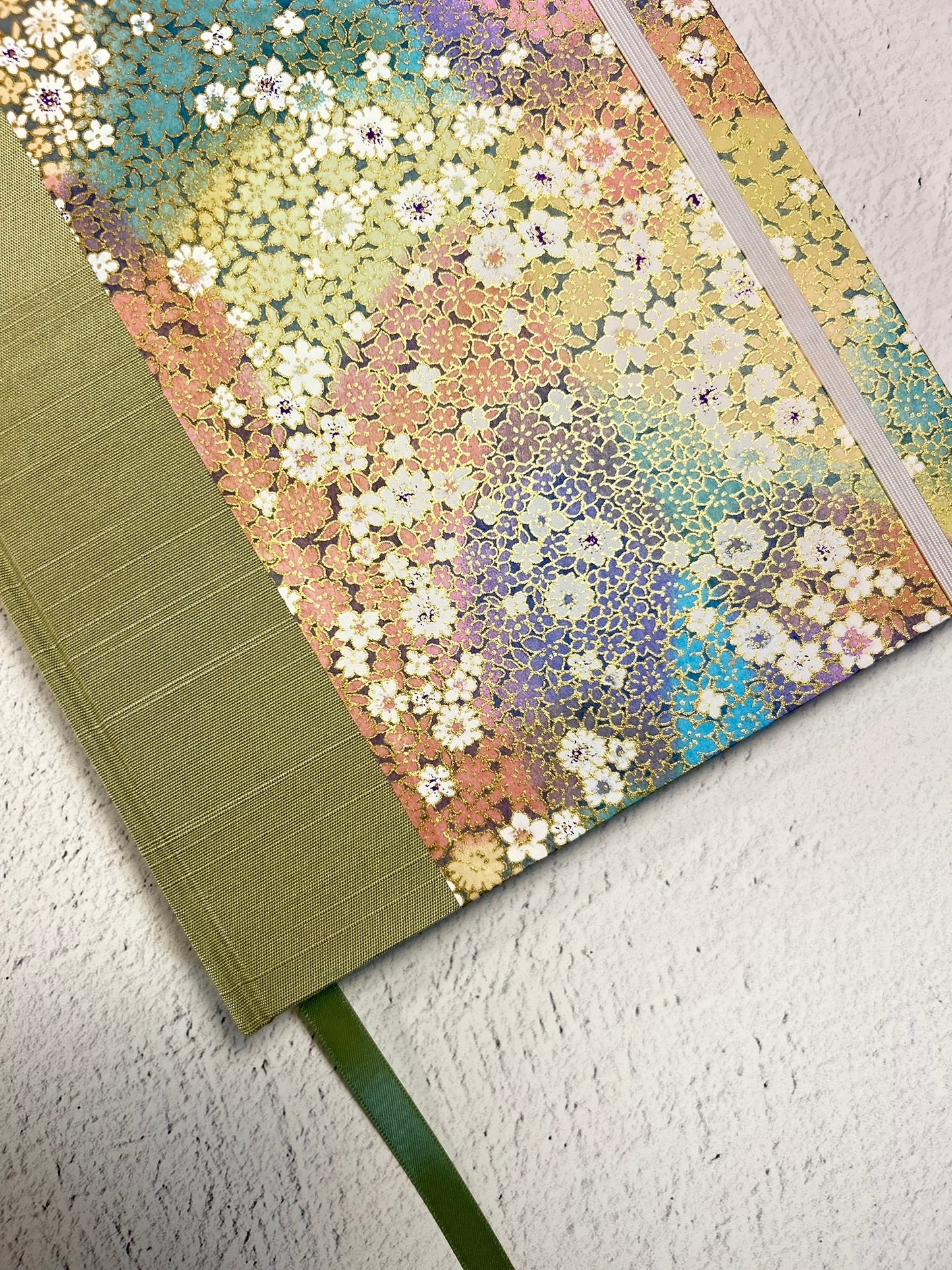B5 Hardcover Notebook finished in Celery Green Japanese Bookcloth and Rainbow Flowers Chiyogami Paper
