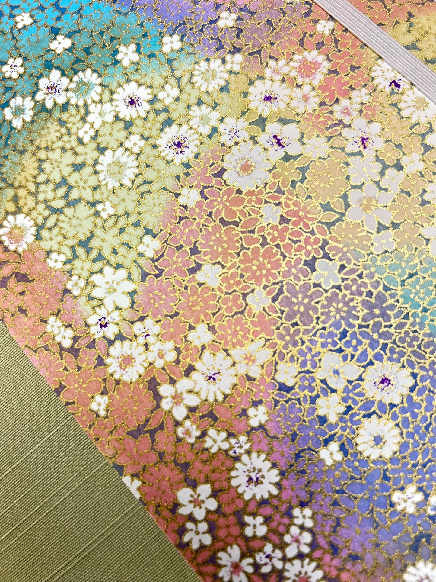 A5 Hardcover Notebook finished in Celery Green Japanese Bookcloth and Rainbow Flowers Chiyogami Paper