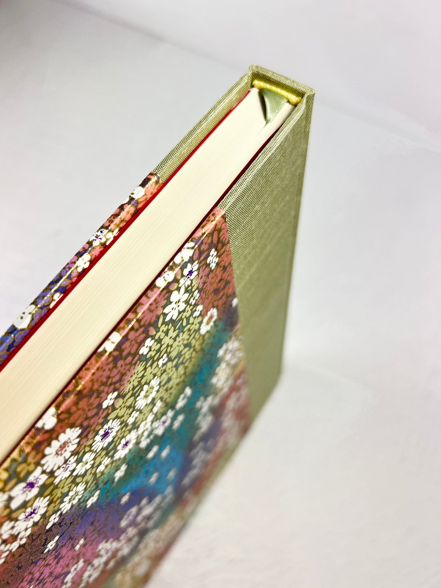 A5 Hardcover Notebook finished in Celery Green Japanese Bookcloth and Rainbow Flowers Chiyogami Paper