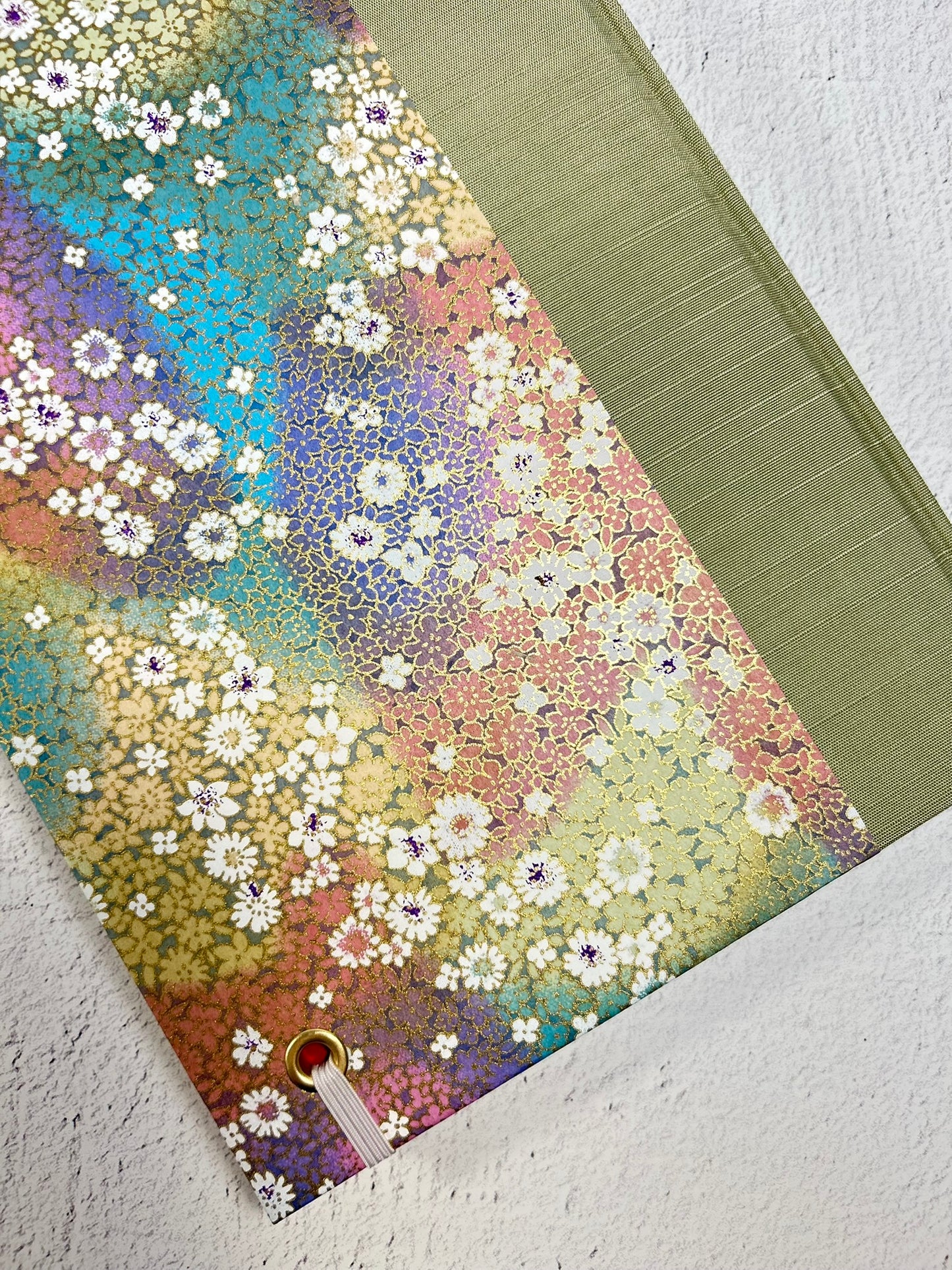 B5 Hardcover Notebook finished in Celery Green Japanese Bookcloth and Rainbow Flowers Chiyogami Paper