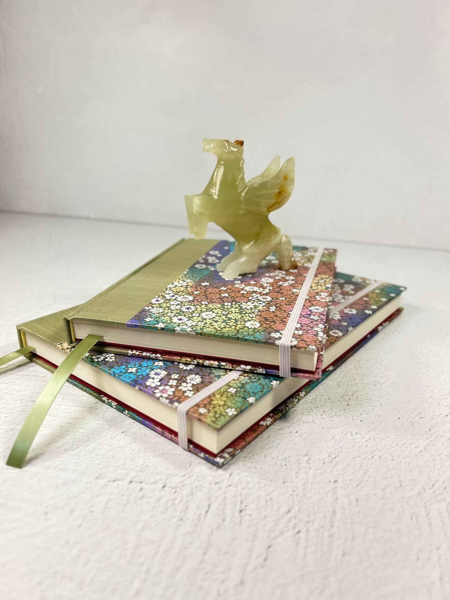 NEW A5 Hardcover Notebook finished in Celery Green Japanese Bookcloth and Rainbow Flowers Chiyogami Paper