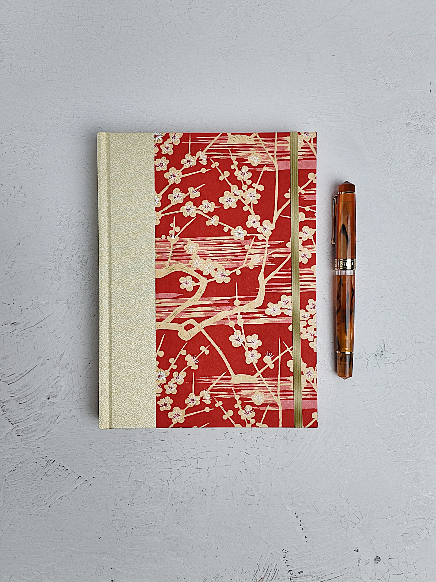 A5 160-page Hardcover Journal finished in Butter-Yellow Japanese Bookcloth and Red/Orange Chiyogami Paper